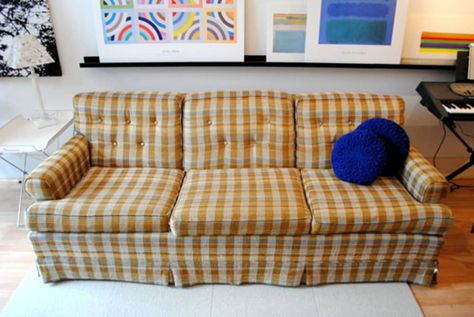 Plaid Couch, Plaid Sofa, Condo Living Room, Vintage Couch, Square Sofa, Proud Parents, Josh Groban, Old Sofa, Pink Sofa