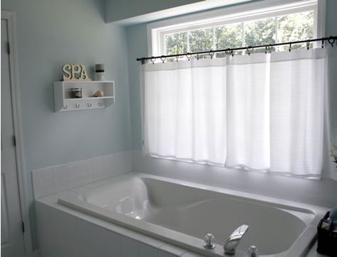 I have a window just like this in my master bath.  These curtains look perfect for privacy and style. (pottery barn) Diy Lights, Curtains Diy, Bathroom Window Curtains, Bathroom Window Treatments, Bathroom Blinds, Kitchen Window Curtains, Bedroom Blinds, Bathroom Window, Bad Inspiration