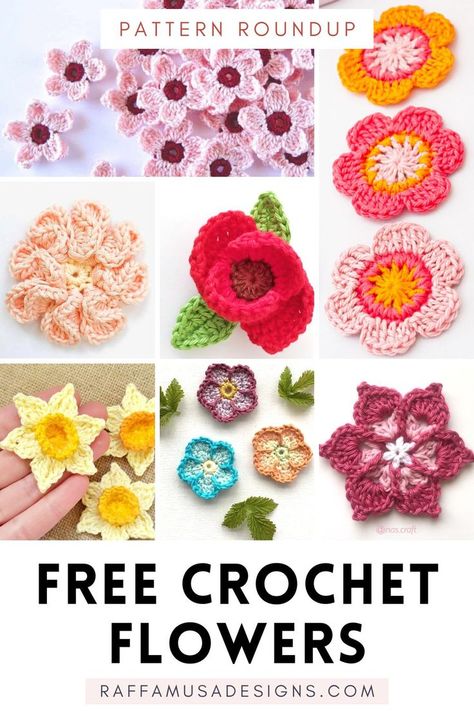 A collage of crocheted flowers made from free crochet patterns Crochet Poppy Free Pattern, Crochet Flowers Tutorial, Seed Stitch Blanket, Diy Crochet Flowers Tutorial, Free Crochet Flower Patterns, Crochet Flower Hat, Diy Crochet Flowers, Crochet Poppy, Crochet Leaf