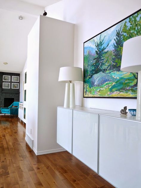 How to make a floating credenza - or "fauxdenza - using three Ikea Besta cabinets and plywood // www.danslelakehouse.com Besta Tv Wall, Diy Credenza, Floating Credenza, Besta Tv, Ikea Besta Cabinet, Stained Plywood, Dining Room Credenza, Ikea Hack Kids, Diy Coastal Decor