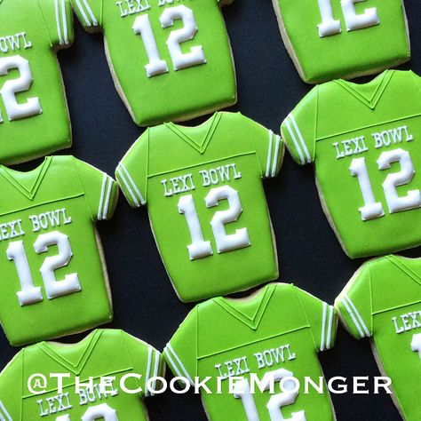 Football Jersey Cookies ~ The CookieMonger ~ We can turn any idea into awesome cookies!  Email thecookiemonger@outlook.com. Football Jersey Cookies Decorated, Soccer Jersey Cookies, Jersey Cookies Decorated, Football Jersey Cookies, Football Cookies Decorated, Manly Cookies, Softball Cookies, Jersey Cookies, Cookies Football