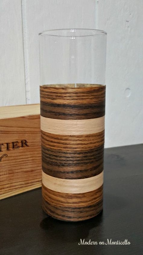 Wood Veneer Crafts Ideas, Veneer Projects, Diy Wood Vase, Wood Veneer Projects, Diy Mid Century Modern, Vase Project, Tall Glass Vase, Diy Mid Century, Rustic Luxe