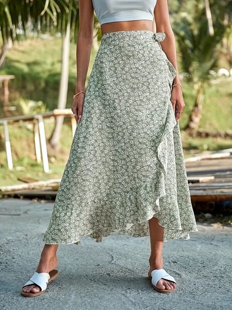 Rok Midi, Crochet Skirt Pattern, Bride Lingerie, Floral Print Midi Skirt, Ruffle Hem Skirt, Lemon Chiffon, Tie Skirt, Stil Elegant, Spring Skirts