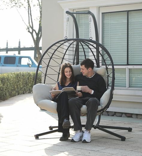 Amazon.com: Double Egg Chair wth Stand Hammock Swing Chair Foldable Hanging Loveseat, UV Resistant Removable Cushions, 700LBS Capacity for Bedroom, Balcony, Garden(BK-BE) : Toys & Games Outdoor Hanging Chairs, Backyard Spa, Hanging Chairs, Hanging Chair Outdoor, Swing Chair, Bedroom Balcony, Backyard Games, Hammock Chair, Outdoor Store