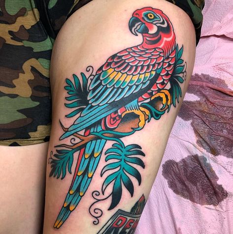 Parrot tattoo Traditional Thigh Tattoo, Jungle Tattoo, Parrot Tattoo, Bug Tattoo, Insect Tattoo, Traditional Tattoo Flash, American Traditional Tattoo, American Traditional, Dope Art