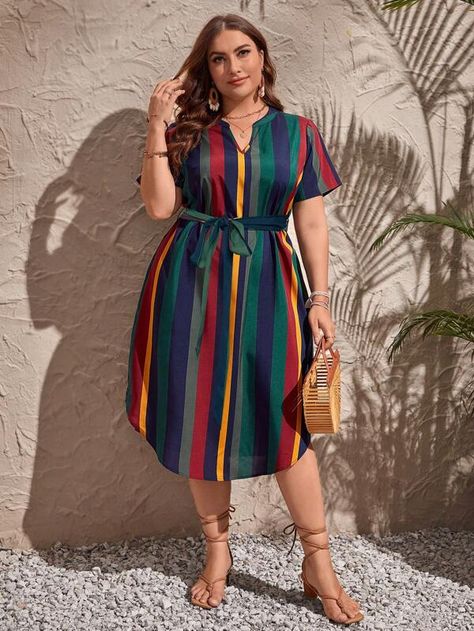 SHEIN Clasi Plus Striped Print Notched Neckline Curved Hem Dress With Belt | SHEIN USA Dresses With Belts Casual, Plus Size Summer Outfits Big Stomach, Plus Size Summer Fashion, Classy Short Dresses, Fancy Short Dresses, Striped Print Dresses, Long Summer Dress, Casual Dresses Plus Size, 2piece Outfits