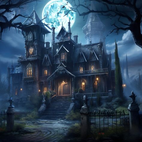 Haunted mansion on a moonlit night. The mansion should have eerie, glowing windows and be surrounded by a creepy forest. A full moon should be visible in the sky, casting an eerie glow on the scene. There should be a hint of mist in the air, and a group of friendly ghosts should be floating near the mansion, The overall atmosphere should be spooky yet whimsical#halloween Halloween Mansion, Spooky Mansion, Creepy Forest, Flyer Background, Big Mansions, Mansion Exterior, Witch Core, Ghost House, Old Mansion