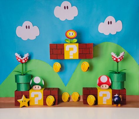 Super Mario Backdrop, Super Mario Bros Party Ideas, Super Mario Room, Princess Peach Party, Mario Kart Party, Mario Bros Birthday Party Ideas, Mario Crafts, Mario Birthday Cake, Super Mario Bros Birthday Party