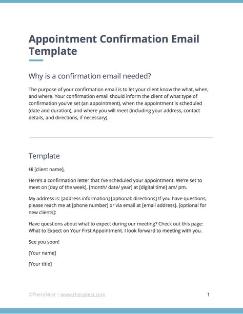 Appointment Confirmation Email Template for Therapists. | TheraNest Appointment Confirmation Text, Therapy Private Practice, Confirmation Email Template, Business Letter Sample, Therapist Resources, Simple Cover Letter, Email Tips, Free Email Templates, Confirmation Letter