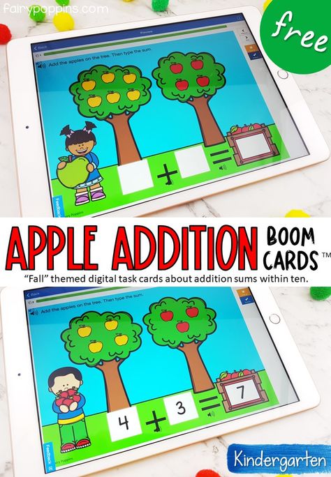 These FREE apple addition digital task cards help kids solve addition sums within ten by counting the apples on the trees. Great for Kindergarten math centers. This game may be relevant to some students in preschool or first grade too. #digitallearning #boomcards #additionboom cards #additionwithinten #kindergartenmath #boomlearning #kindergartenaddition #distancelearning #preschool #firstgrademath #homeschoolmath Apple Addition, Fairy Poppins, Task Cards Kindergarten, Kindergarten Math Centers, Addition Kindergarten, Addition Activities, Subtraction Activities, Math Operations, Preschool Centers