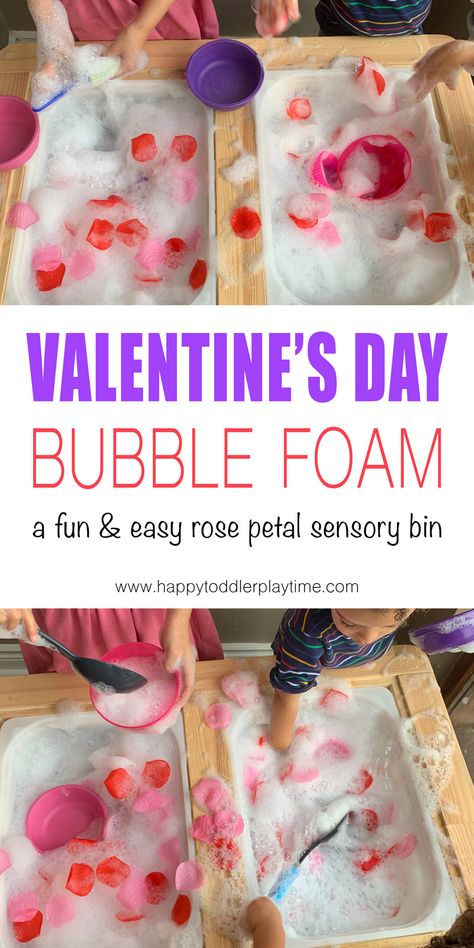 Valentine's Day Bubble Foam - HAPPY TODDLER PLAYTIME Elementary Sensory Activities, Valentines Sensory Bin For Babies, February Sensory Bin Ideas For Toddlers, Valentine’s Day Activities For Babies, Valentine's Day Sensory Bin, Toddler Valentines Activities For Daycare, Valentine’s Day Sensory, Valentine’s Day Games Preschool, Valentine Sensory Bin Toddlers