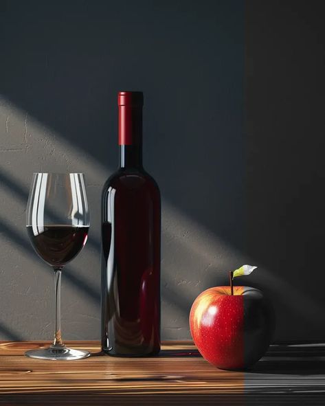 Full Color Image in ai-img-gen.com 🔸 photo realistic modern brightly lighted still life from a low angle of an open bottle of red wine a ... 🔸 From Midjourney AI Image Wine Still Life, Still Life Composition, Open Bottle, Glass Of Red Wine, Dark Grey Walls, Grey Wall, Still Life Photos, Low Angle, Color Image