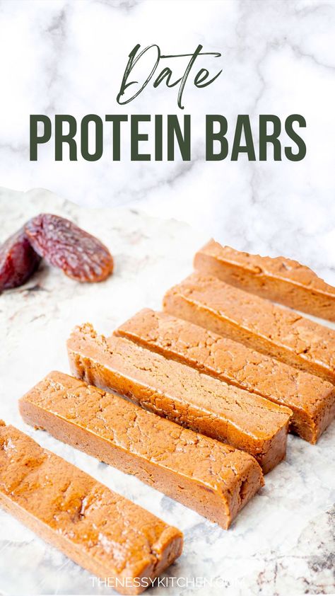 Naturally sweetened with dates, these date protein bars are perfect for packing along for a snack or a healthy treat. Protein Bars With Dates, Date Protein Bar, Clean Protein Bars, No Bake Protein Bars, Paleo Protein Bars, Protein Ideas, Healthy Munchies, Sweet Bakes, Protein Bars Homemade