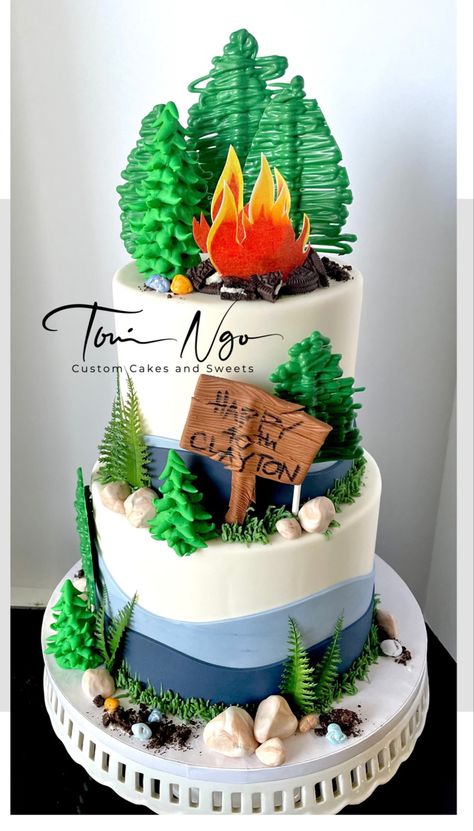 Decoration include: Rice paper flame. Chocolate pine trees Fondant pine trees Bigfoot Cake, Camping Themed Cake, Pine Trees, Decorated Cookies, Rice Paper, Pine Tree, Custom Cakes, Themed Cakes, Cookie Decorating