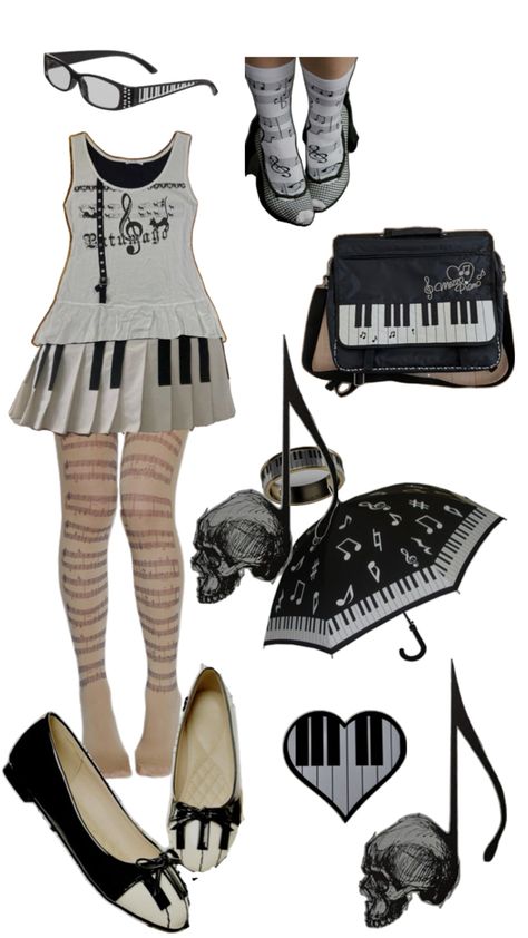 Music Clothing Aesthetic, Musical Academia Outfit, Music Clothes Aesthetic, Piano Dress, Music Outfits, Piano Skirt, Piano Outfit, Musical Outfits, Piano Clothes