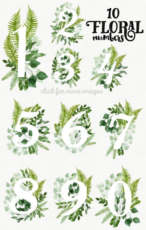 10 Watercolor Floral Numbers by Helga Wigandt on @creativemarket Watercolor Numbers, Flower Numbers, Floral Numbers, Leaves And Branches, Watercolor Lettering, Creative Sketches, Book Projects, Pencil Illustration, Watercolor Cards