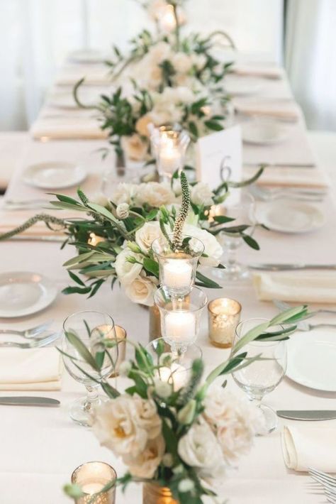 Long Table Decorations, White Wedding Table Decor, Long Table Centerpieces, Neutral Wedding Decor, Gold Table Setting, Long Table Wedding, Neutral Wedding Flowers, Mystic Ct, Wedding Floral Centerpieces