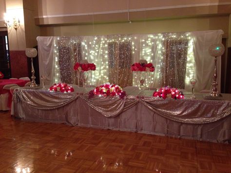 Quinceanera Chandelier Theme Acrylic Quince Decorations Main Table Floral Elegance Backdrop Silver fuchsia pinks Quince Decorations Main Table, Quince Main Table, Main Table Quinceanera, Quince Decorations Ideas, Rose Gold Vase, Cinderella Quinceanera Themes, Bridal Shower Decorations Pink, Quince Decor, Rose Gold Wedding Decor