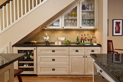 Awesome Mini Home Bar Under Stairs For Chic Space To Have A Drink : Maximizing Limited Space in Awesome Way with Mini Bar Under Stairs 2015 Ideas: Under Staircase Ideas, Stairs Shelves, Storage Under Staircase, Bar Under Stairs, Kitchen Under Stairs, Space Under Stairs, تحت الدرج, Stairs In Kitchen, Stairs Renovation