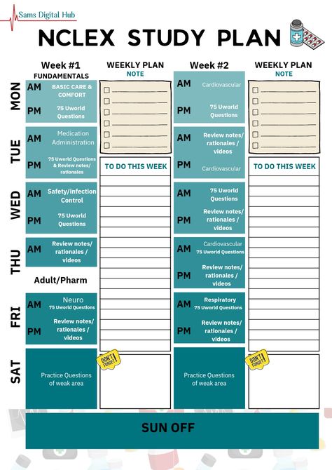 8 weeks plan includes weekly columns to write down your weekly points and important things. Nclex Pn Study Plan, 2 Week Nclex Study Plan, Nclex Ngn Study Plan, Nursing Study Plan, Nursing Nclex Study, Nclex Prep Schedule, Nursing Study Schedule, Nclex Next Gen Study Plan, Saunders Nclex Study Plan