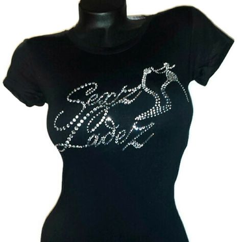 Sexz Ladez Fitted Spandex Tee With Clear Crystals. Size Small Dark Graphic Tees, Y2k Fashion Shirts & Tops, 2010 Clothes, Rhinestone Clothes, 2000s Shirts, Sinful Clothing, Y2k Trashy, 2000 Clothes, Rhinestone Outfit