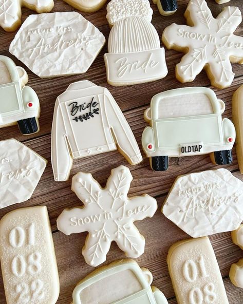 Bachelorette Party Favors Winter, Wedding Shower Winter Theme, Bachelorette Winter Themes, Snow In Love Bridal Shower Cookies, Cozy Winter Bridal Shower Ideas, Winter Bachelorette Party Decorations, Apres Ski Engagement Party, Bridal Shower Ideas Themed Winter, Winter Bridal Shower Cookies