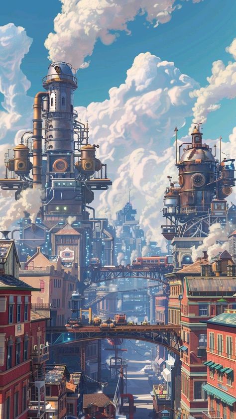 Steampunk Asian City, Medieval Cyberpunk City, Fantasy Cyberpunk City, Cities Fantasy Art, Steampunk Environment Concept Art, Industrial City Concept Art, Modern Fantasy City Concept Art, Arcane Minecraft, Steampunk Building Concept Art