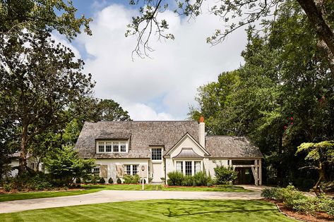 A designer’s 1940s renovated home Country Club Exterior, White Brick House Exterior, Club Exterior, Ashley Gilbreath Interiors, Traditional Southern Home, Ashley Gilbreath, Dr Montgomery, French House Plans, Cedar Shake Roof