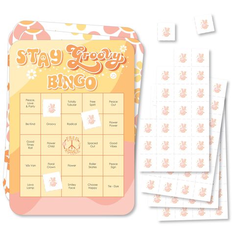 "Stay Groovy - Bingo Cards and Markers -  Boho Hippie Shaped Bingo Game - Set of 18 *Set Includes 18 Rounded Corner-Shaped Game Cards, 18 Perforated Marker Sheets, 2 Perforated Call Sheets, and Game Instructions *Please Note: purchasing multiple bingo games will guarantee multiple winners, there are only 18 unique cards per game package *Stay Groovy Cards Measure 5\" Wide x 7\" Tall *Perforated Marker Sheet Measures 2.75\" Wide x 5\" Tall - Individual Markers Measure 0.75\" Wide x 0.75\" Tall Get everyone in on the fun with the Stay Groovy bingo game! Perfect for your boho hippie party, this classic game comes in a fresh look with retro-related words on each rounded corner-shaped playing card instead of numbers. Before you begin playing, prepare by folding and tearing the perforated call s Two Groovy Birthday Games, Groovy Birthday Games, Two Groovy Party Activities, Groovy Birthday Party Games, Two Groovy Party Games, Groovy Party Games, Groovy Games, Hippie Birthday Party, 60s Party