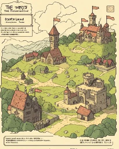 ↑↑↑ Larger size on website 🔸 The image is a whimsical cartoon illustration of a medieval village called "Crypto Land" with variou Medieval Village Art, Cartoon Village, Village Illustration, Whimsical Map, Village Map, Medieval Village, Interactive Stories, Fairytale Illustration, English Text