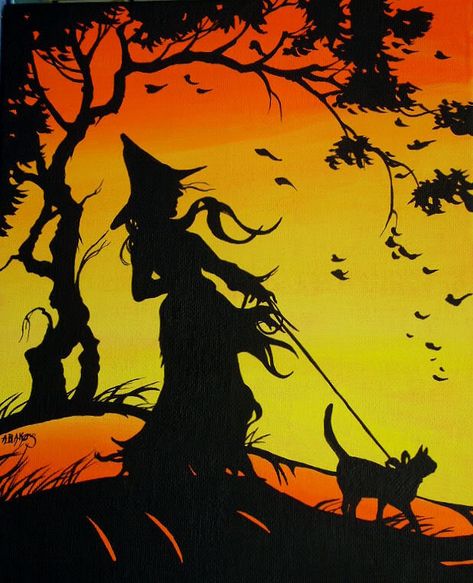 Autumn witch Autumn Silhouette, Autumn Witch, Samhain Halloween, Silhouette Painting, A Broom, Peace Signs, Halloween Painting, Halloween Card, Halloween Images