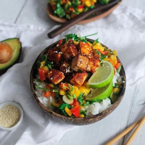 Mango Tofu, Sweet And Spicy Salsa, Crunchy Tofu, Sticky Tofu, Cooking Jasmine Rice, Coconut Bowls, Salsa Ingredients, Spicy Salsa, Mango Recipes