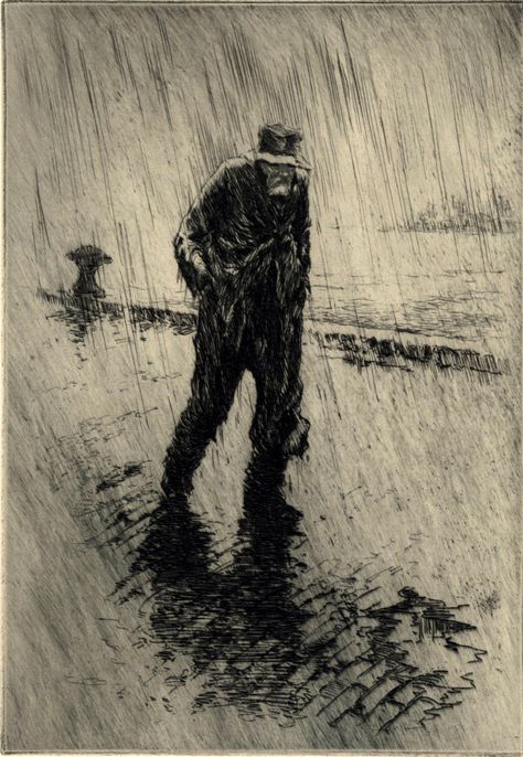 Paul F. Berdanier (1879-1961) etching, dry point A range of etching is used mainly hatching to create the atmosphere and cross hatching for the gentlemens body . Intaglio Printmaking, Dry Point, Drypoint Etching, Etching Prints, Cross Hatching, Wood Engraving, Lithography, In The Rain, Fine Arts