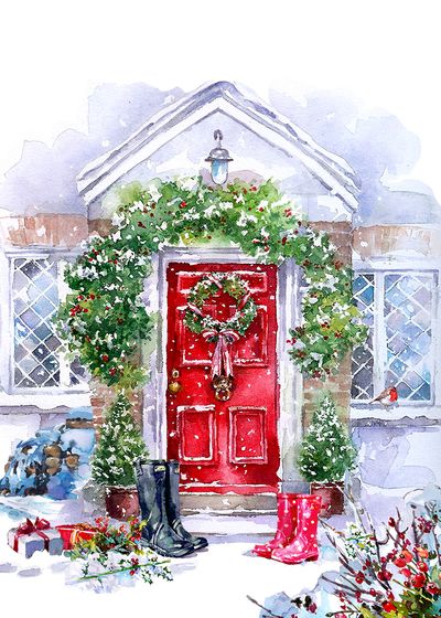 Animated Christmas, Red Door, Art Licensing, Christmas House, Christmas Clipart, Christmas Door, Christmas Watercolor, Christmas Designs, Freelance Illustrator