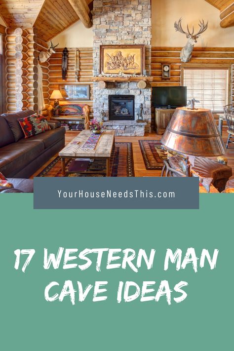 17 Western Man Cave Ideas - Today we show you some amazing inspirations and ideas on how to decor your basement and man cave area. #house #housedecor #mancave #mancavegarage #decorhomeideas #basementideas #homedecor #homedecorideas #decorationideas Western Theme House Decor, Western Basement Ideas, Western Man Cave, Cow Hide Wall Decor Ideas, Western Man Cave Ideas, Man Cave Bathroom Ideas, Man Cave Shed Ideas, Diy Whiskey Barrel, Attic Man Cave