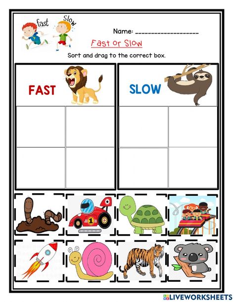 Fast And Slow Worksheet, Fast And Slow Activities Preschool, English Activities For Kids, Preschool Activities Toddler, Worksheets For Kindergarten, Kindergarten Learning Activities, 2nd Grade Worksheets, Fast And Slow, Bible Crafts For Kids