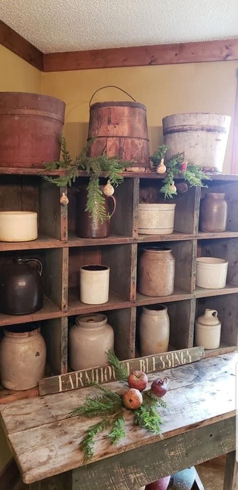 Crock Display Ideas, Decorating With Crocks Display, Antique Tools Display, Antique Crocks Decor Ideas, Decorating With Old Crocks, Crocks Decor Ideas, Decorating With Crocks, Crocks Decor, Crock Display