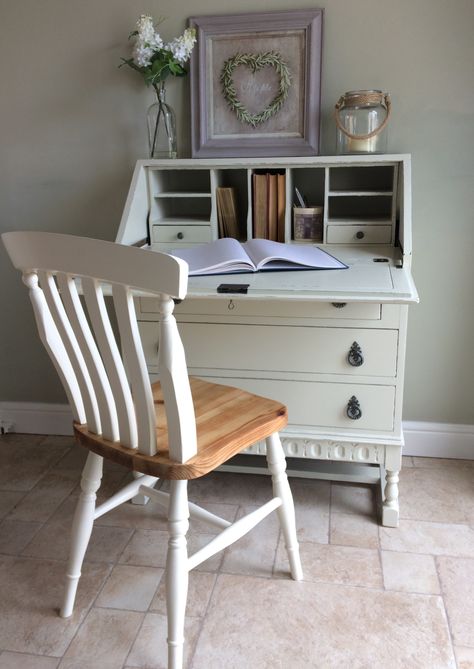 Writing Desk Ideas Inspiration, Svansele Mirror Ikea, Writing Desk Makeover, Pine Desk Upcycle, White Bureau, Upcycle Writing Bureau, Writing Bureau Upcycled, Bureau Upcycle, White Painted Desk