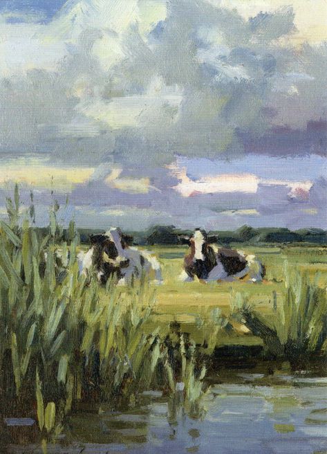 Cows Painting Acrylic, Cows In Field Painting, Cows Grazing Fields, Cow Landscape Painting, Cow Watercolor Painting, Calf Painting, Farming Art, Cow Landscape, Cows Painting