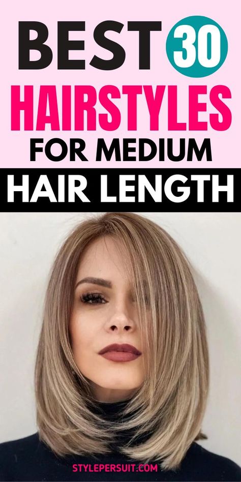 Medium-length hair offers versatility and can be styled in a variety of ways to suit different occasions and preferences. Whether you have straight, wavy, or curly hair, there's a hairstyle for you. Here are 30 of the best hairstyles for medium-length hair to inspire your next look: Hair Styles Medium Length Straight, Haircuts For Medium Length Hair Straight, Side Part Medium Length Hair, Quick Hairdos, Cute Mom Haircuts, Hair Styles For Medium Hair, Styles For Medium Hair, Wavy Or Curly Hair, Medium Length Hair Straight