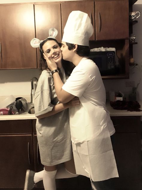 Ratatouille couple costume ❤️ mouse & chef Remy And Chef Costume Couple, Ratatoullie Couple Costume, Chef And Ratatouille Costume, Halloween Costumes Ratatouille, Mouse Costume Women, Ratatouille Couple Costume, Ratatouille Costume, Disney Couple Costumes, Diy Birthday Shirt