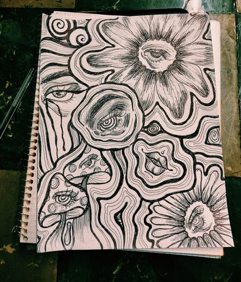 Hypnotic Drawings, Black Sharpie Art, Abstract Drawing Ideas, Grunge Art Ideas, Large Drawings, Sketch Book Art, Arte Indie, Arte Grunge, Hippie Painting