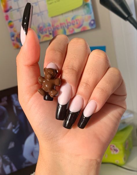 Nails With Bear Charm, Back Too School, Charms Nails, Nails Kawaii, Black French Tips, Bears Nails, Kawaii Bear, Black French, Ideas Nails