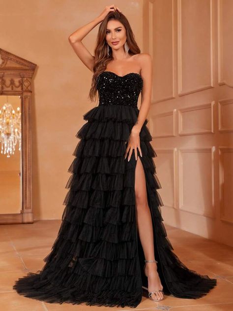 Black Prom Dress Princess, Big Prom Dresses Black, Masquerade Ball Outfit Women, Cascading Ruffles Wedding Dress, Mesh Prom Dress, Tiered Tulle Skirt, Wedding Dresses For Kids, Wedding Dress Sequin, Ruffle Wedding Dress