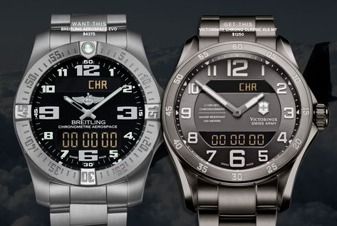 Breitling Aerospace Evo vs Victorinox Swiss Army Chrono Classic XLS MT - Gear Patrol Breitling Aerospace, Victorinox Swiss Army, Elapsed Time, Pilot Watch, Buy Watches, Seiko Watches, Omega Speedmaster, Swiss Army, Luxury Watches For Men