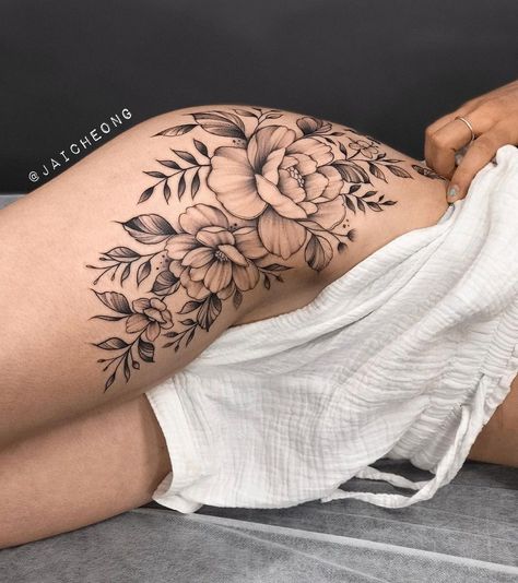 Floral Hip Tattoo | Tattoo Ideas and Inspiration | jaicheong Cobra Leg Tattoo, Lower Back Hip Tattoos, Hip Tattoos Women Side Thighs, Roses Tattoo Thigh, Side Thigh Tattoos Women, Hip Tattoos For Women, Floral Hip Tattoo, Thigh Piece Tattoos, Flower Hip Tattoos