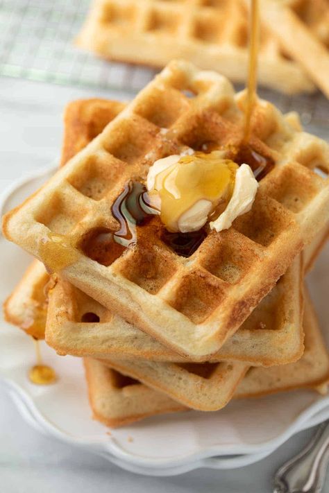 gluten free waffles on white plate with syrup being drizzled over Gluten Free Waffles Easy, Meaningful Eats, Waffles Easy, Gluten Free Waffles, Homemade Waffles, Gluten Free Oatmeal, Waffle Recipe, Gluten Free Flour Blend, Gluten Free Dairy Free Recipes