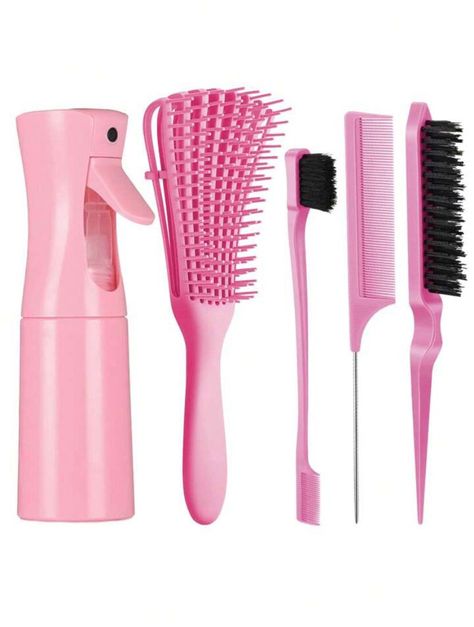 5Pc Hair Brush With Hair Styling Comb Set With 200ml Spray Bottle, Detangling Hair Brushes For Women, Men and Kids.  HairBrush Set With Detangler Brush Teasing Hair Brush Rat Tail Comb Edge Brush, Easier And Faster Detangling On Wash Days Cute Hairbrush Aesthetic, Gel Brush For Hair, Hair Brushes Aesthetic, Pink Hair Tools, Hair Brush Aesthetic, Teasing Hair, Burr Basket, Basic Accessories, Hair Tool Set