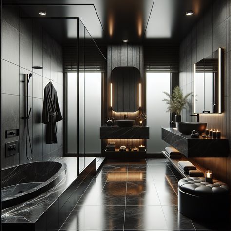 This modern bachelor's bathroom showcases a sleek minimalist vibe with shades of black and grey. Features include black marble counters, steel accents, backlit mirror, jacuzzi, and smart lighting. Plush towels and a black robe add final touches. #ModernBathroom #MinimalistDesign #LuxuryBathroom #BachelorPad #SmartHome #InteriorDesign Bachelor Bathroom, Marble Counters, Minimalist Vibe, Master Bathrooms, Backlit Mirror, Marble Counter, Big House, Bachelor Pad, Big Houses