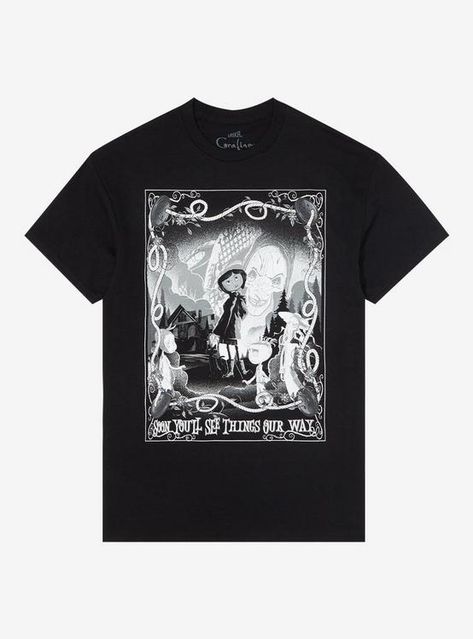 Coraline Black & White Portrait T-Shirt, Hot Topic Band Tees, Black Disney Shirts, Grunge Oversized Shirt, Graphic T-shirts, Mr Bobinsky, Coraline Shirt, The Beldam, Robin Suit, Black White Portrait